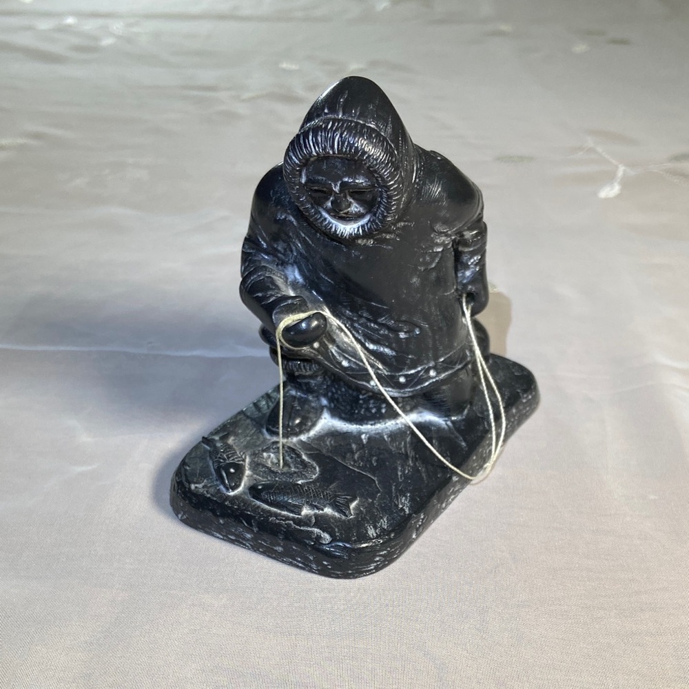 Black Soapstone Inuit Fisherman Figurine sculpture Native Canadian Art
